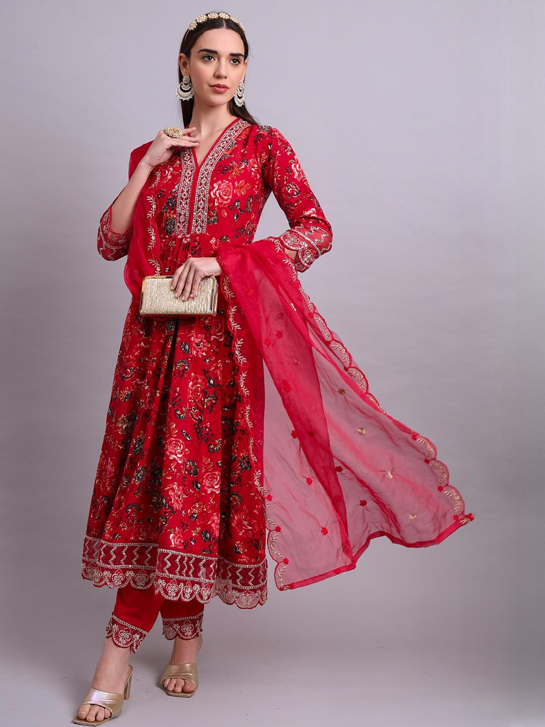 Angkor Women Maroon Rayon Floral Embroidery Work Anarkali Ethnic Kurta Set