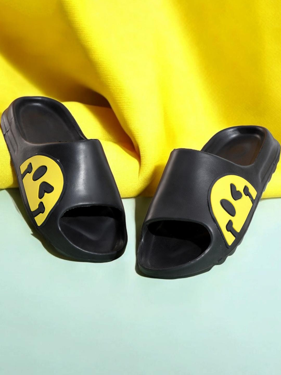 Pampy Angel Men Black & Yellow Tatoo-Eyes Printed Croslite Sliders