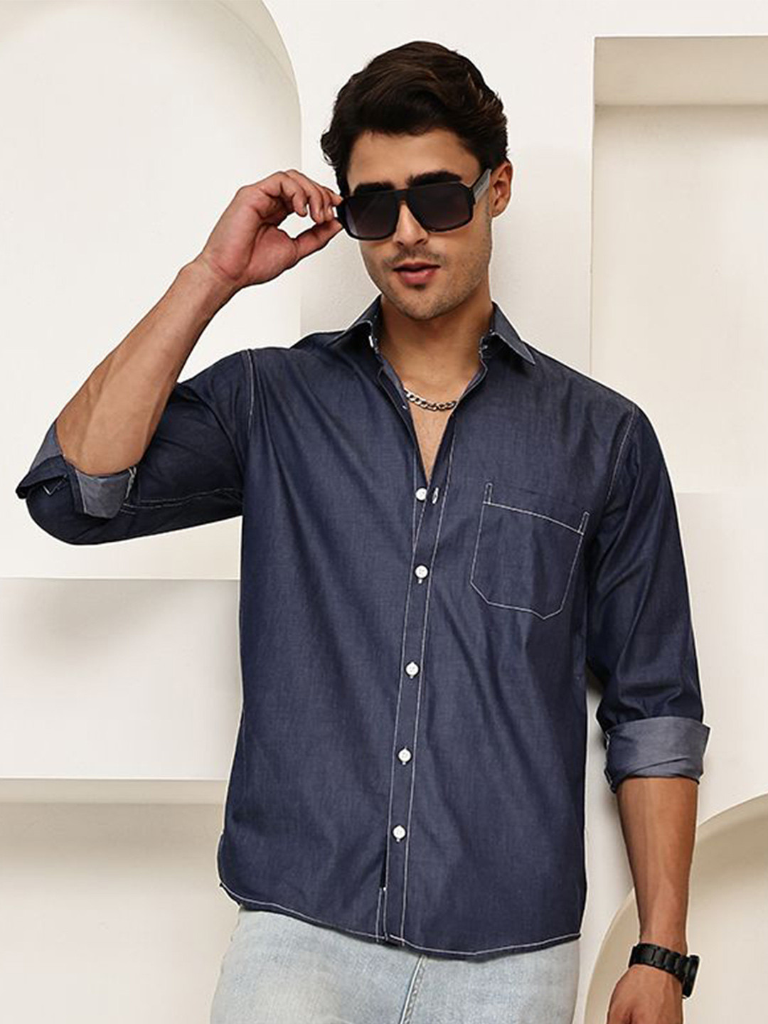 The Roadster Lifestyle Co. Classic Regular Fit Spread Collar Denim Opaque Shirt
