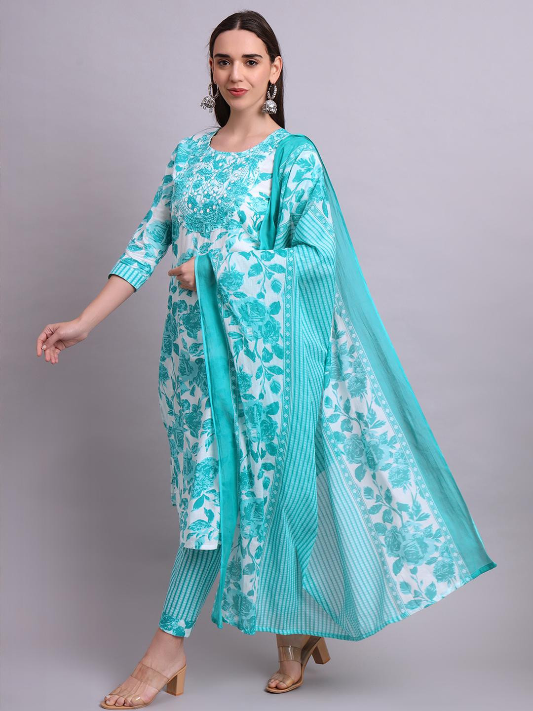 Angkor Women Green Cotton Floral Printed & Embroidery Work Kurta Trousers & Dupatta Set