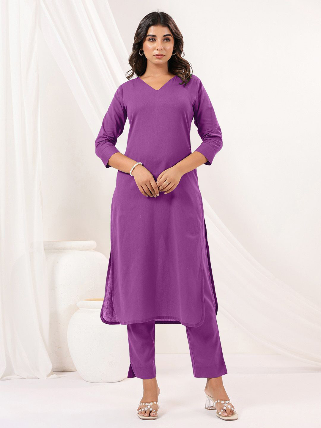 Janasya Women Purple Linen Cotton Solid Straight Kurta Pant Set