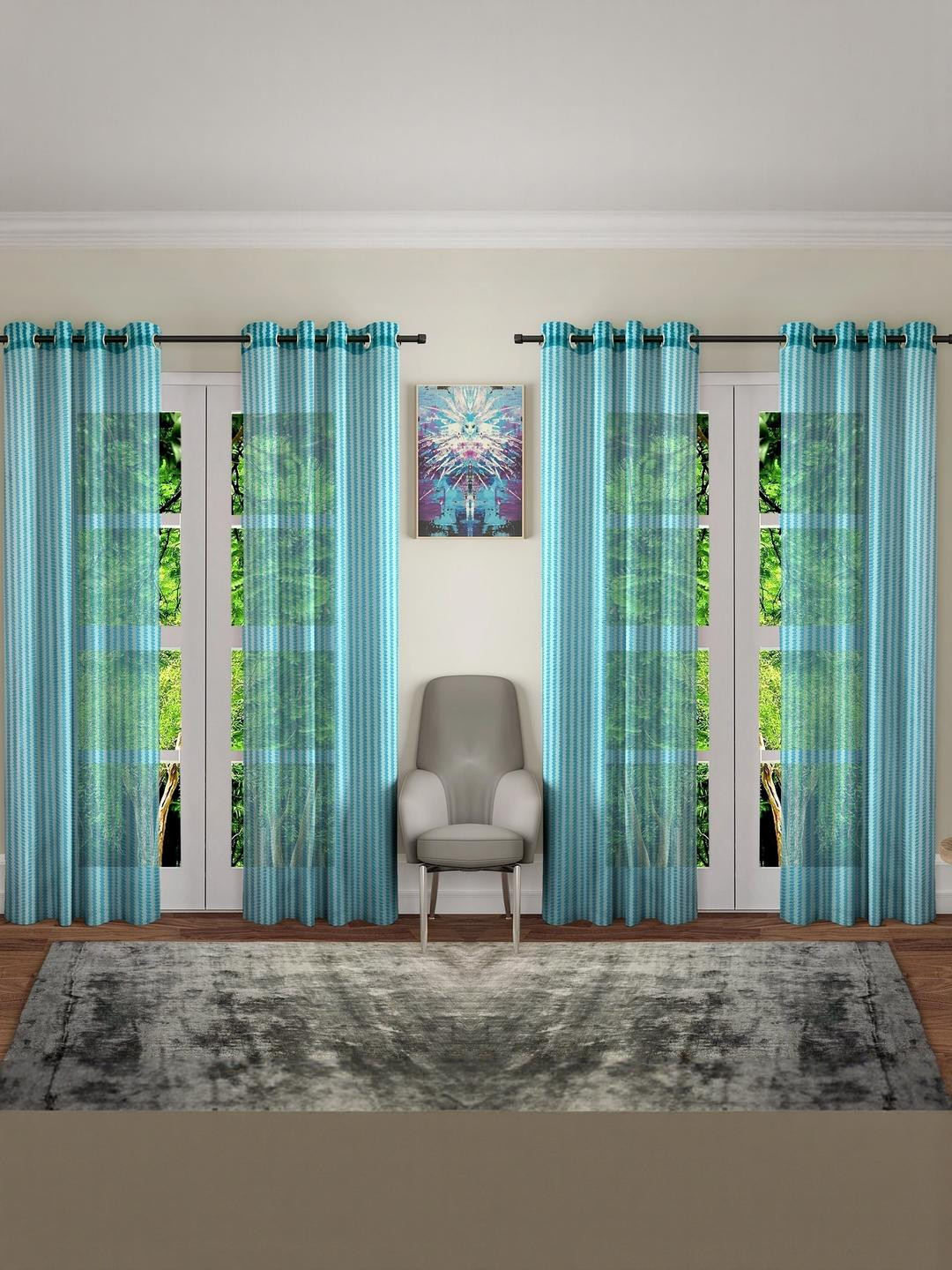 153 cm (5 ft) Polyester Transparent Window Curtain (Pack Of 4) (Self Design, Aqua)