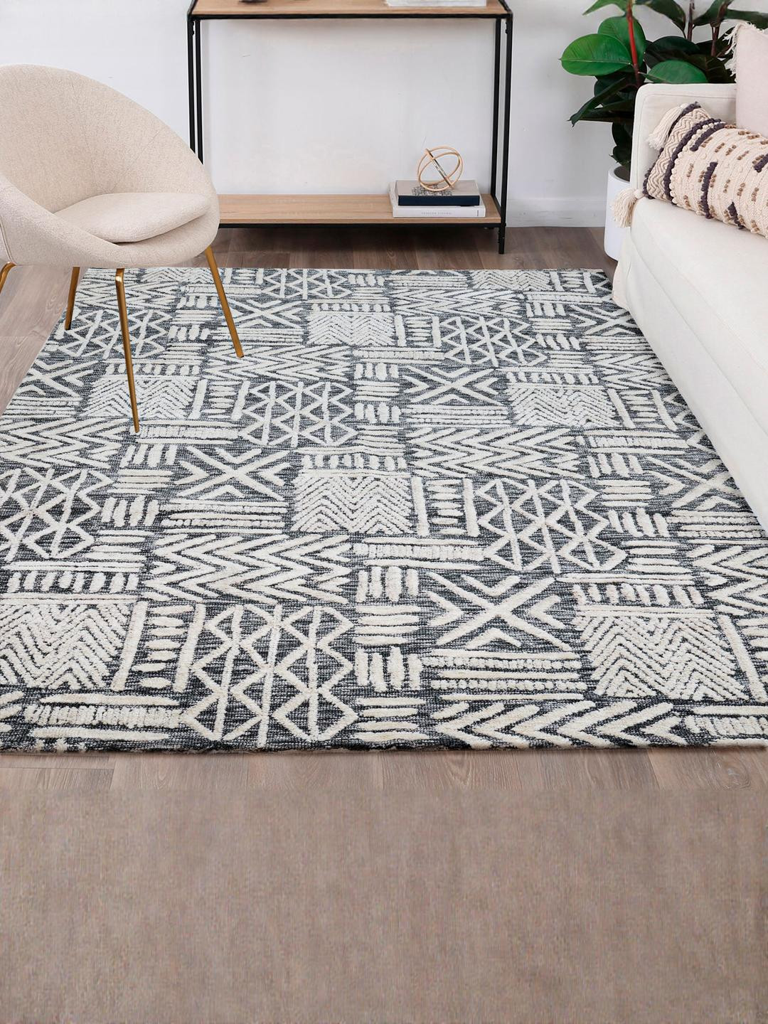 PLIVANA Grey Geometric Cotton Indoor Carpet
