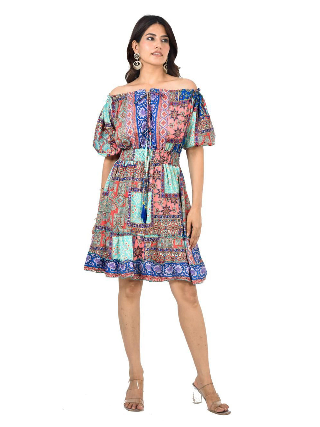 ADC SHEMONA Angelina Bohemian Print Off-Shoulder Fit & Flare Midi Dress