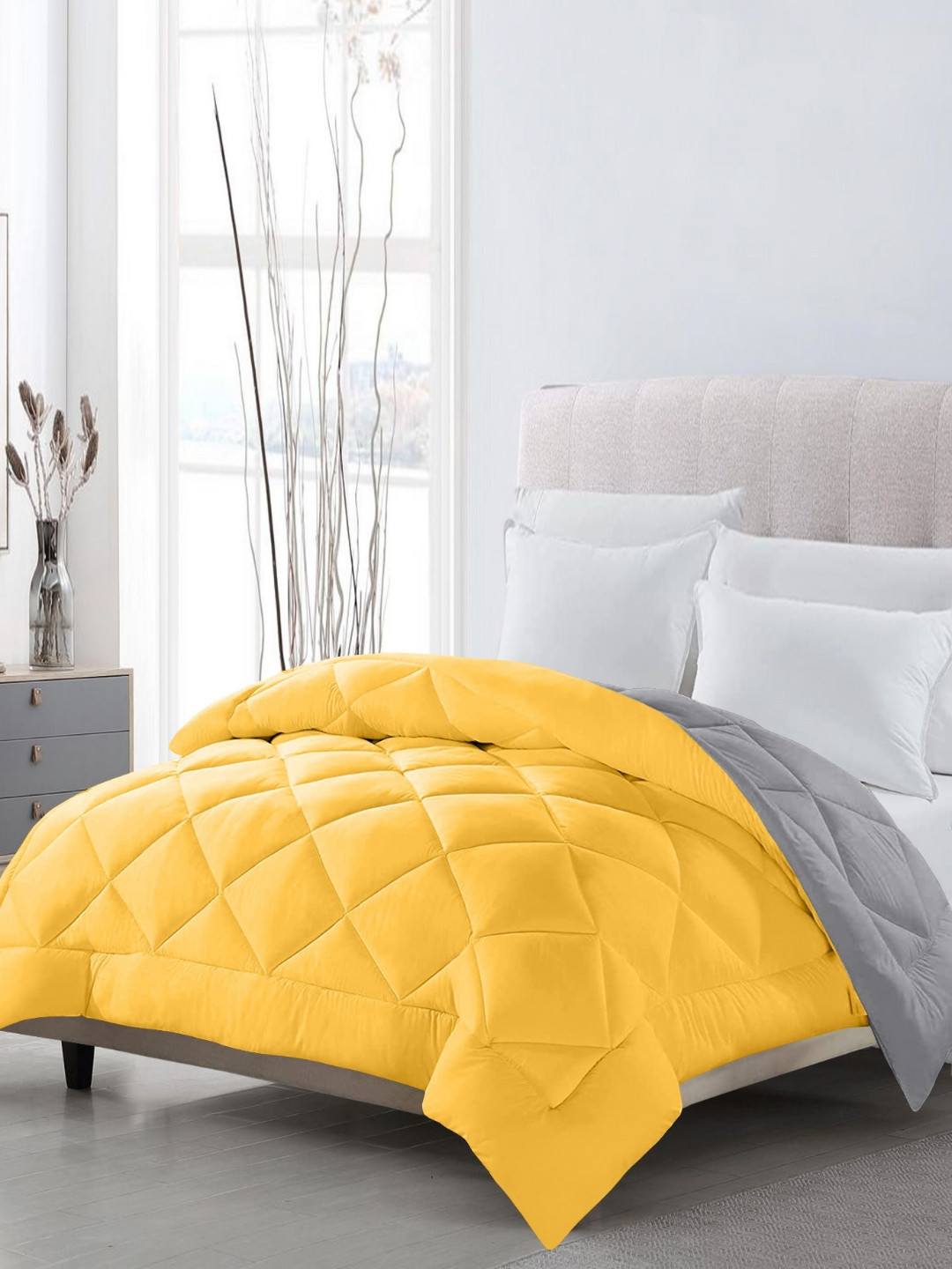 CHICERY Yellow & Grey Geometric AC Room 200 GSM Lightweight Single Bed Comforter