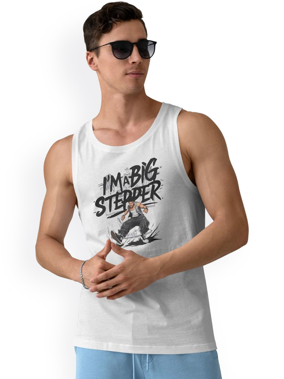 DAB SHARK Printed Cotton Round Neck Gym Vests DAB-SHARK-01-WHITE-XS