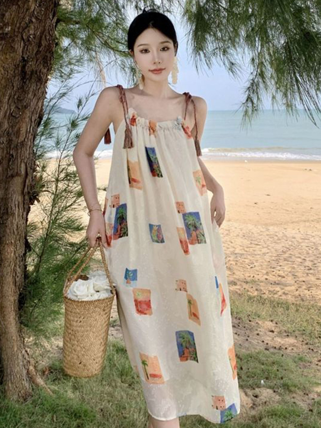 LULU & SKY Shoulder Straps Novelty Printed A-Line Midi Dress