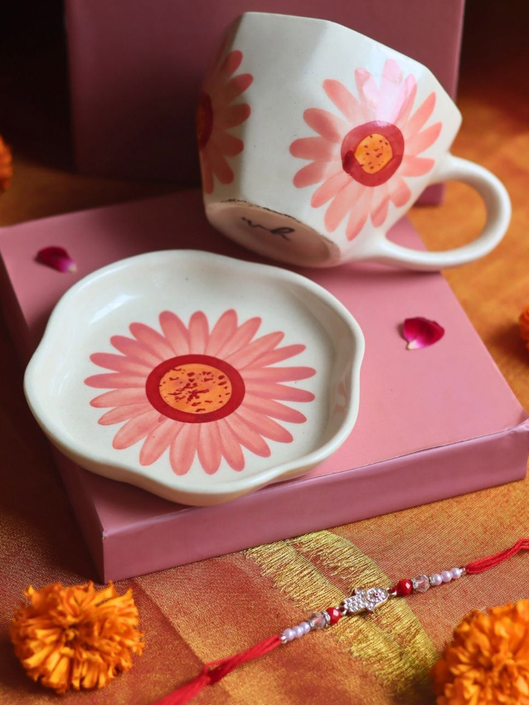 WEAVING HOMES Beaded Rakhi With Mug & Dessert Plate