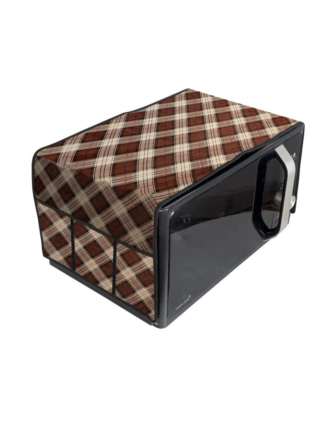 Waterproof & Dustproof PVC Microwave Oven Top Cover with 6 Utility Pockets Chec