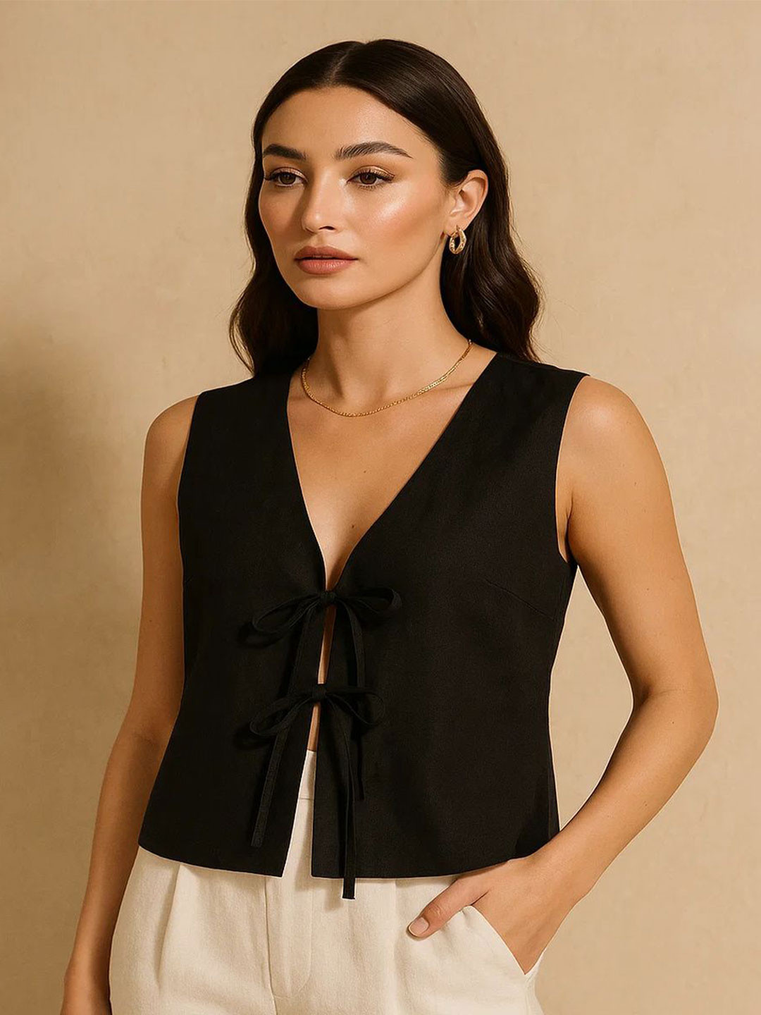 SANSKORI Women Tie-Ups V-Neck Vest Top