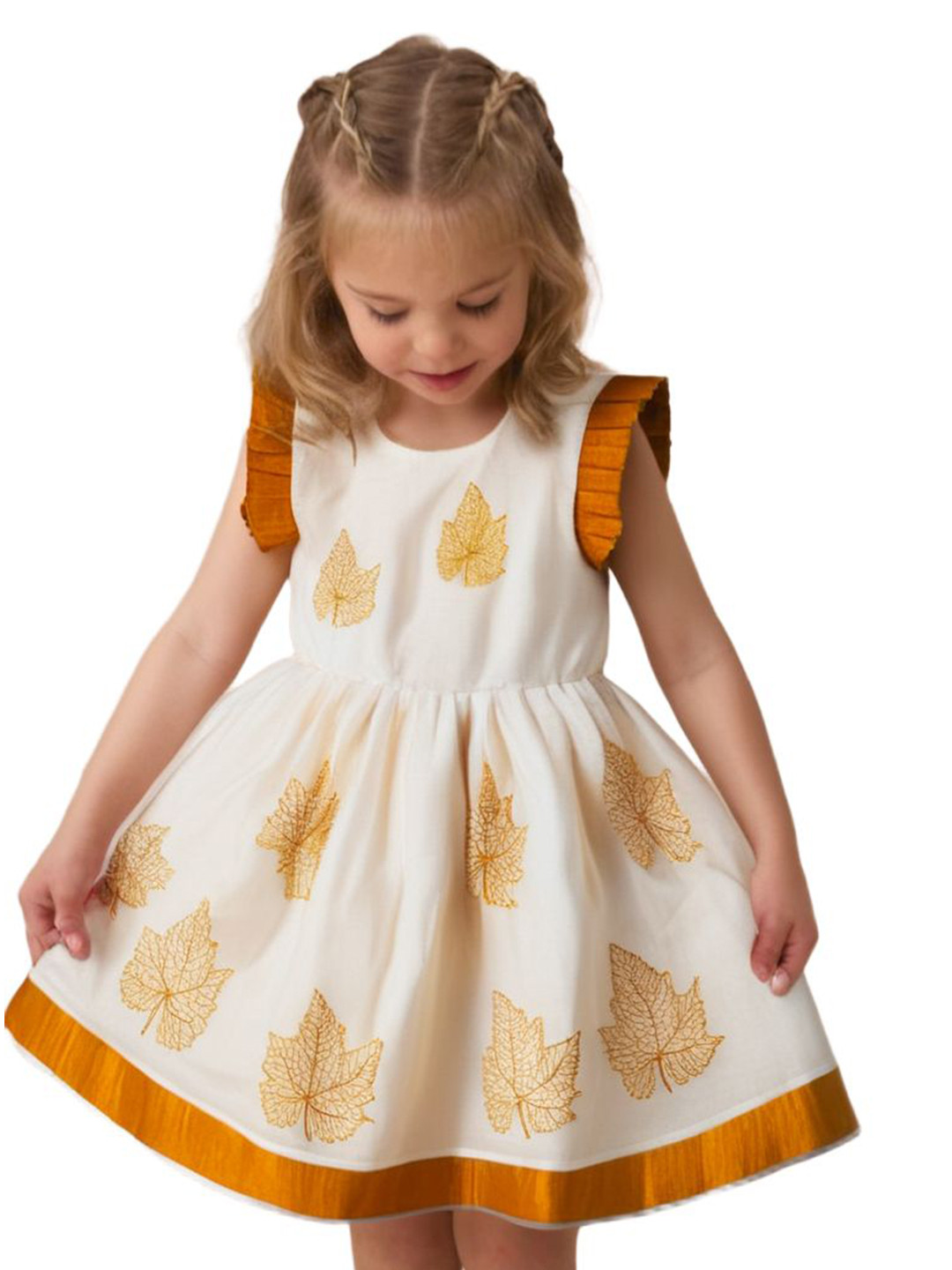 BAESD Girls Maple Leaf Embroidered Ruffles Cotton Fit & Flare Dress