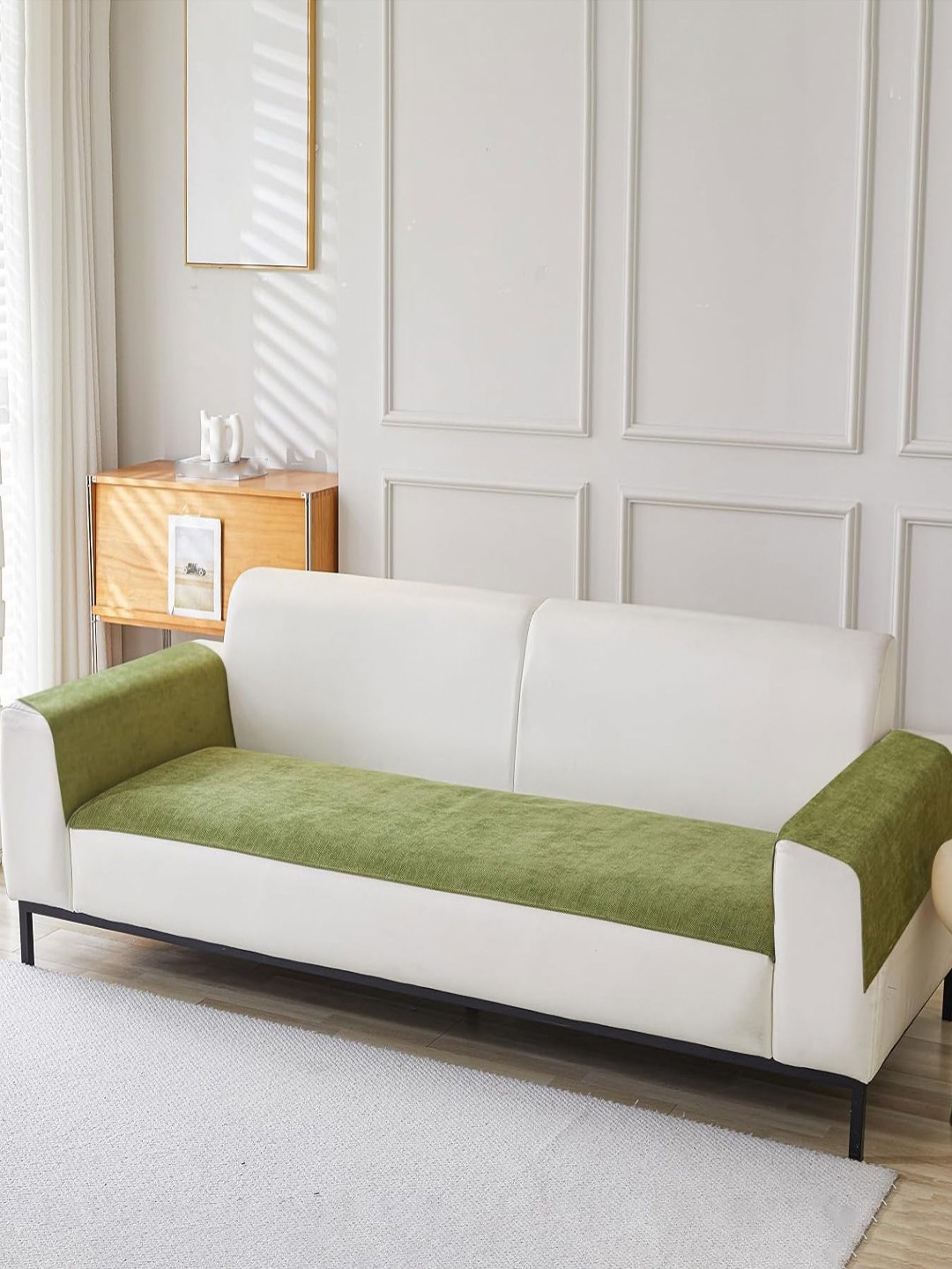HOUSE OF QUIRK Green Chenille 2 Seater 2Pcs Armrest & 1Pc Sofa Cover Set