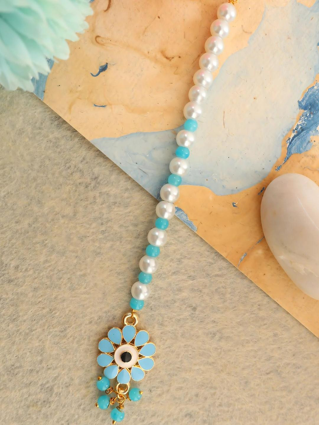 Kamule Women Blue & White Pearls With Gold-Plated Maang Tikka Head Jewellery