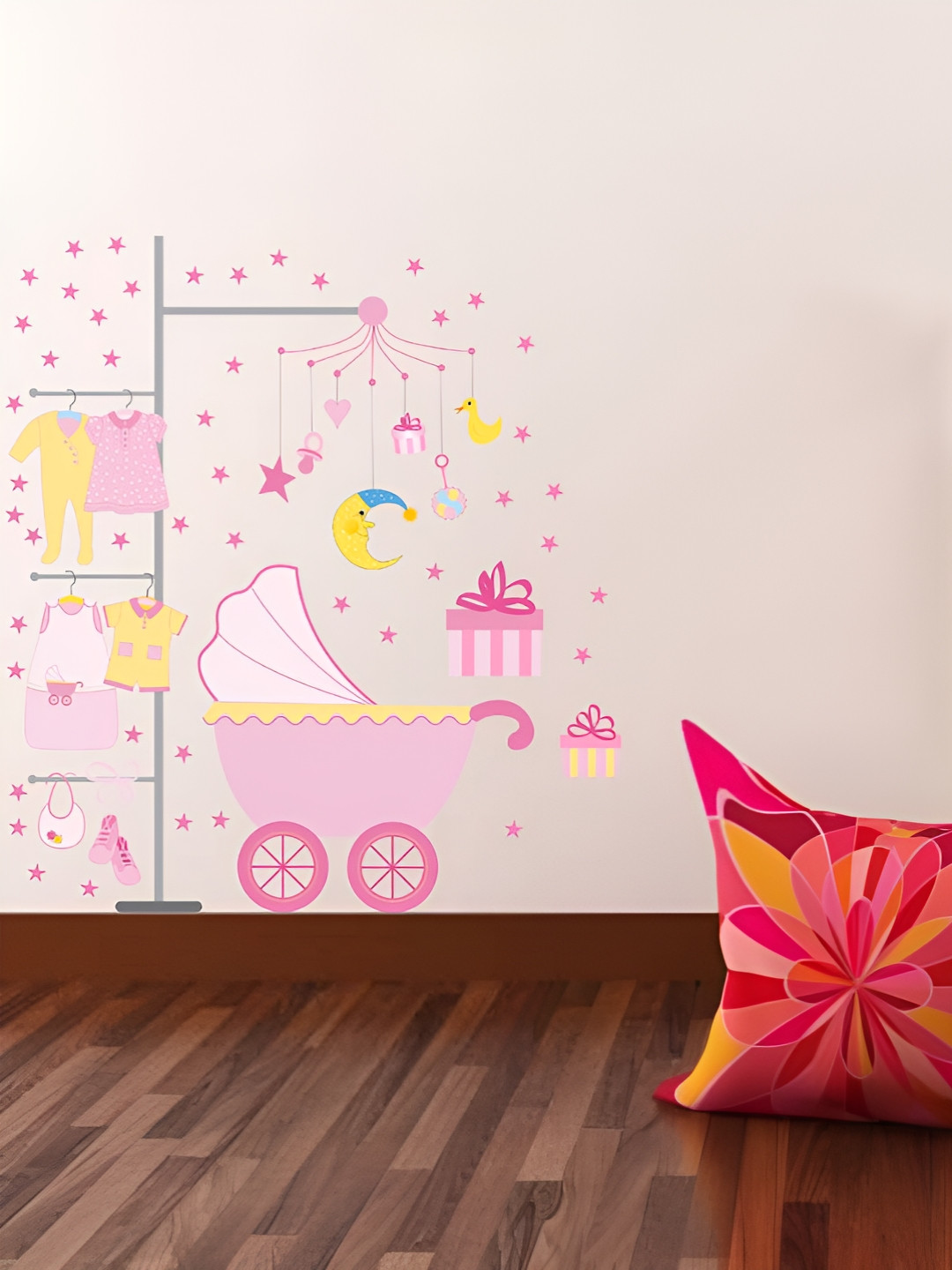 LANSTICK Pink & Yellow Girls Baby Things Printed Self-Adhesive Wallsticker