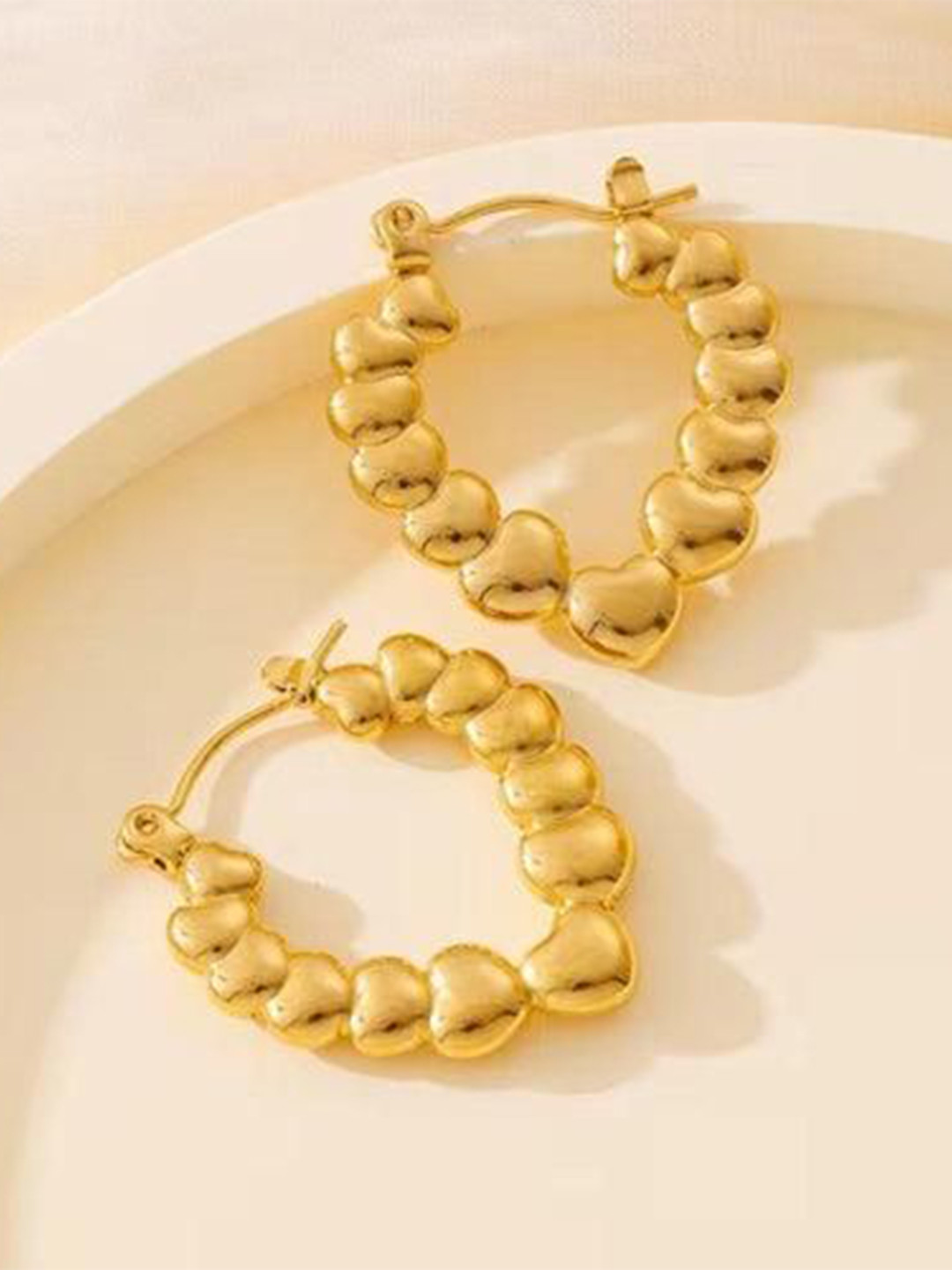 THEPANDASTOREE 18K Gold Plated Stainless Steel Puffy Heart Shaped Waterproof Hoop Earrings