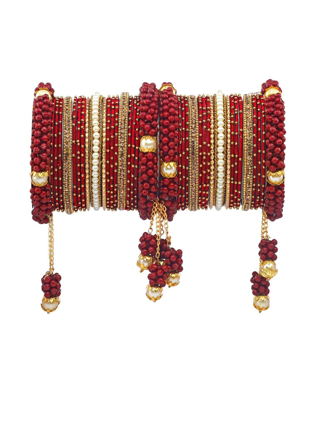Amika Set of 34 Women Red Silk thread stylish Latkan Bangle Set