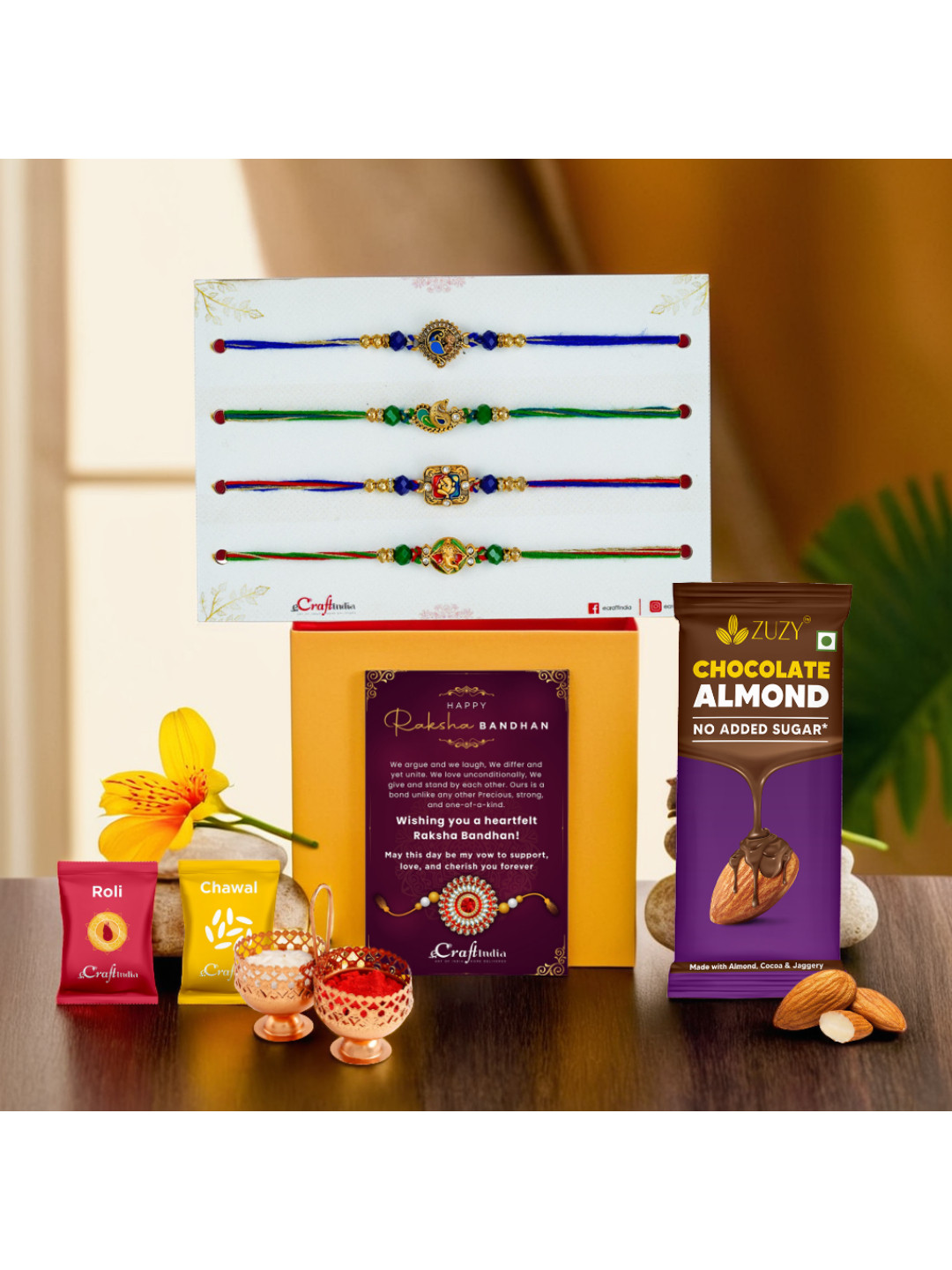 eCraftIndia 4-Pc Ganesha Peacock Rakhis & Chocolate With Roli Chawal Gifts