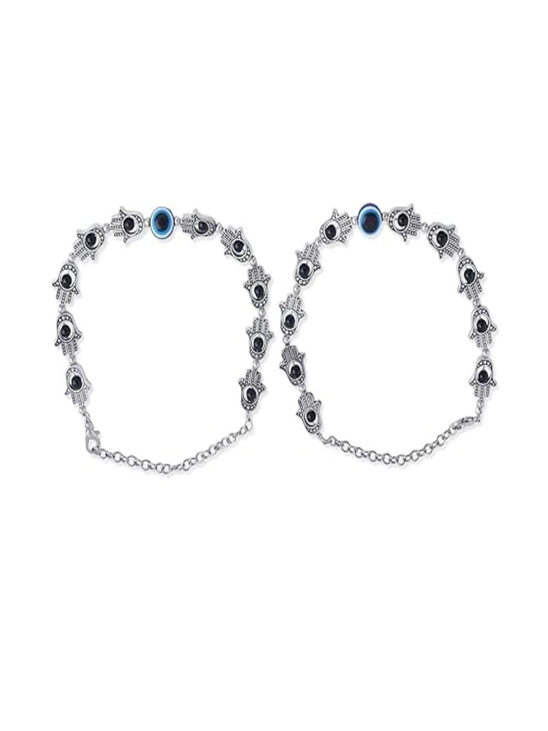 Samsiddhi Women Set Of 2 Silver-Plated Evil Eye Artificial Beads Spring Ring Anklet
