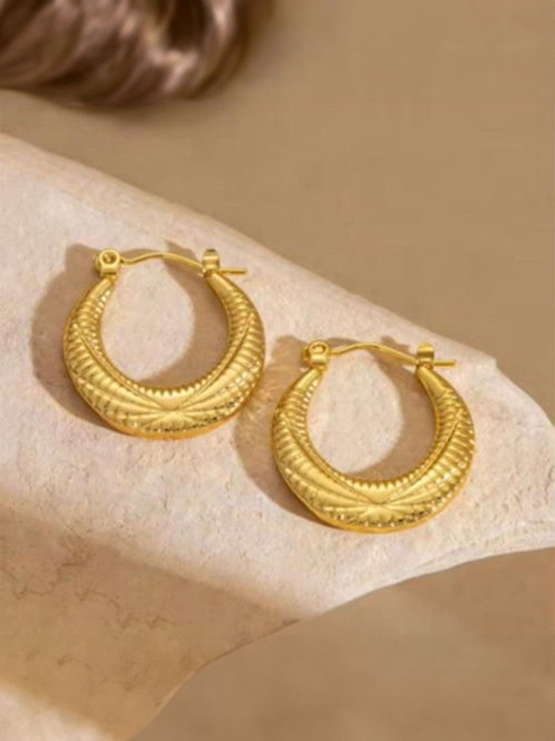 THEPANDASTOREE Waterproof Textured Circular Gold Plated Hoops for Women