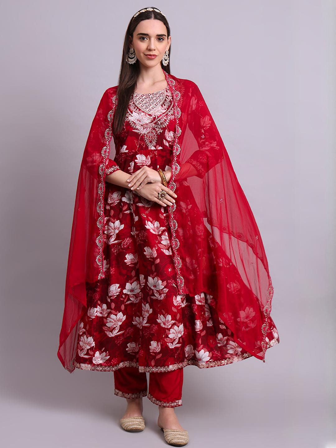 Angkor Mahroon Rayon Floral Printed Anarkali Kurta With Trousers & Dupatta Set
