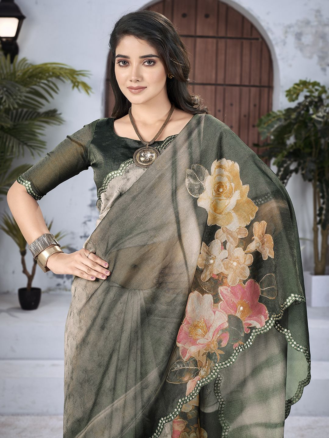 Ethnielle Floral Print Embellished Mirror Work Tissue Saree