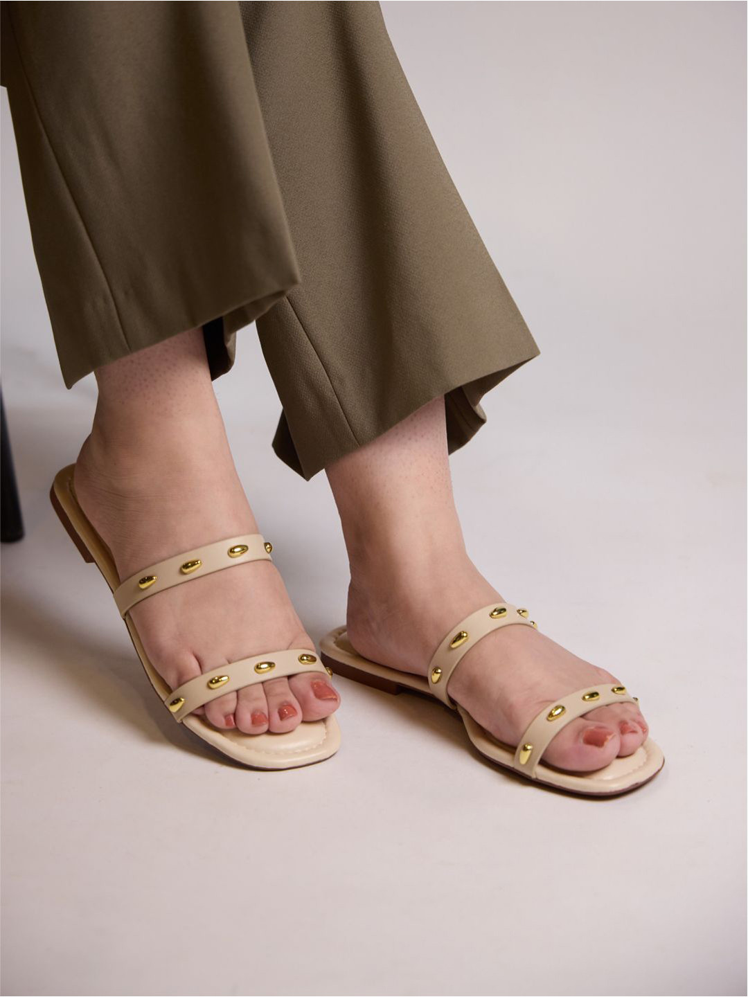 CAI Women Two Strap Cream Stud Open Toe Flats