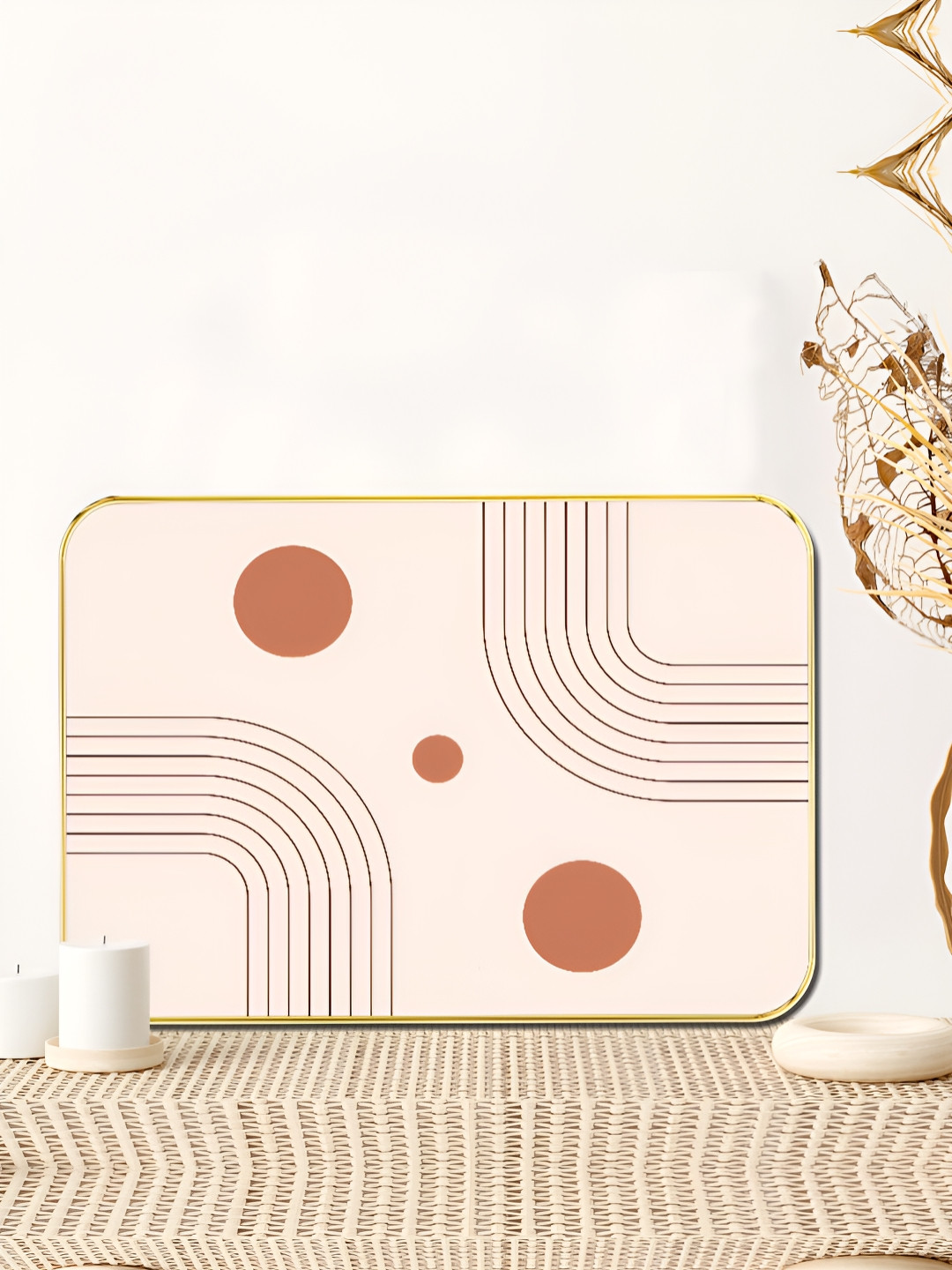 Livin'luxe Off White & Orange Colored Geometric Line Printed Wall Art