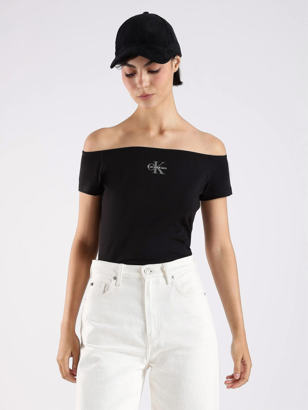 Calvin Klein Jeans Women Brand Logo Printed Off-Shoulder Cotton Bardot Top