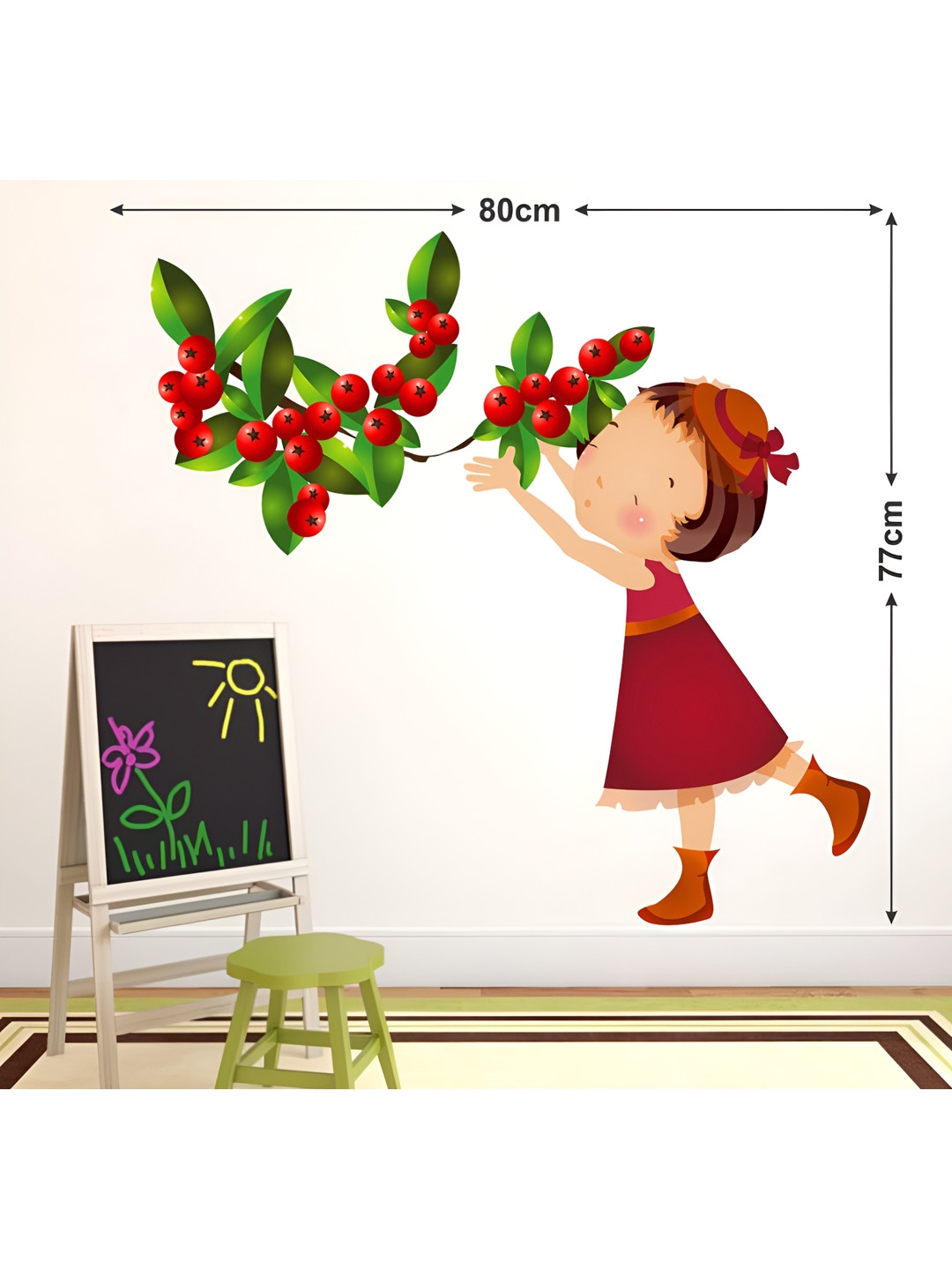 LANSTICK Red & Green Girl With Cherry Printed Heat Resistant Wall Sticker
