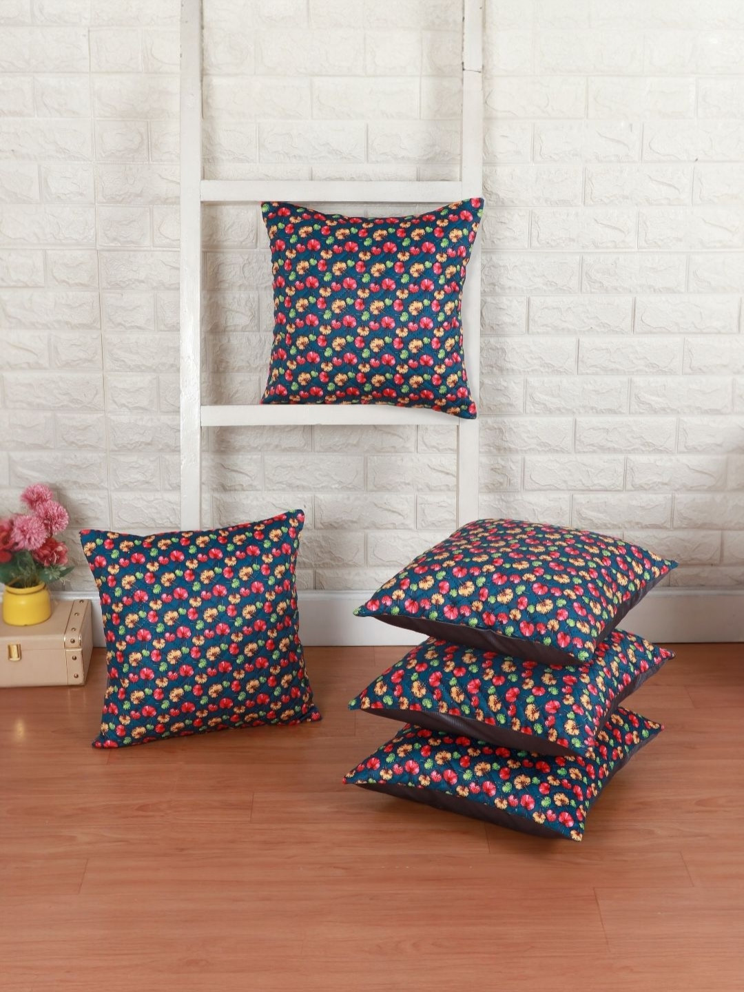 WISE HOME Blue & Pink 5 Pieces Floral Velvet Square Cushion Covers