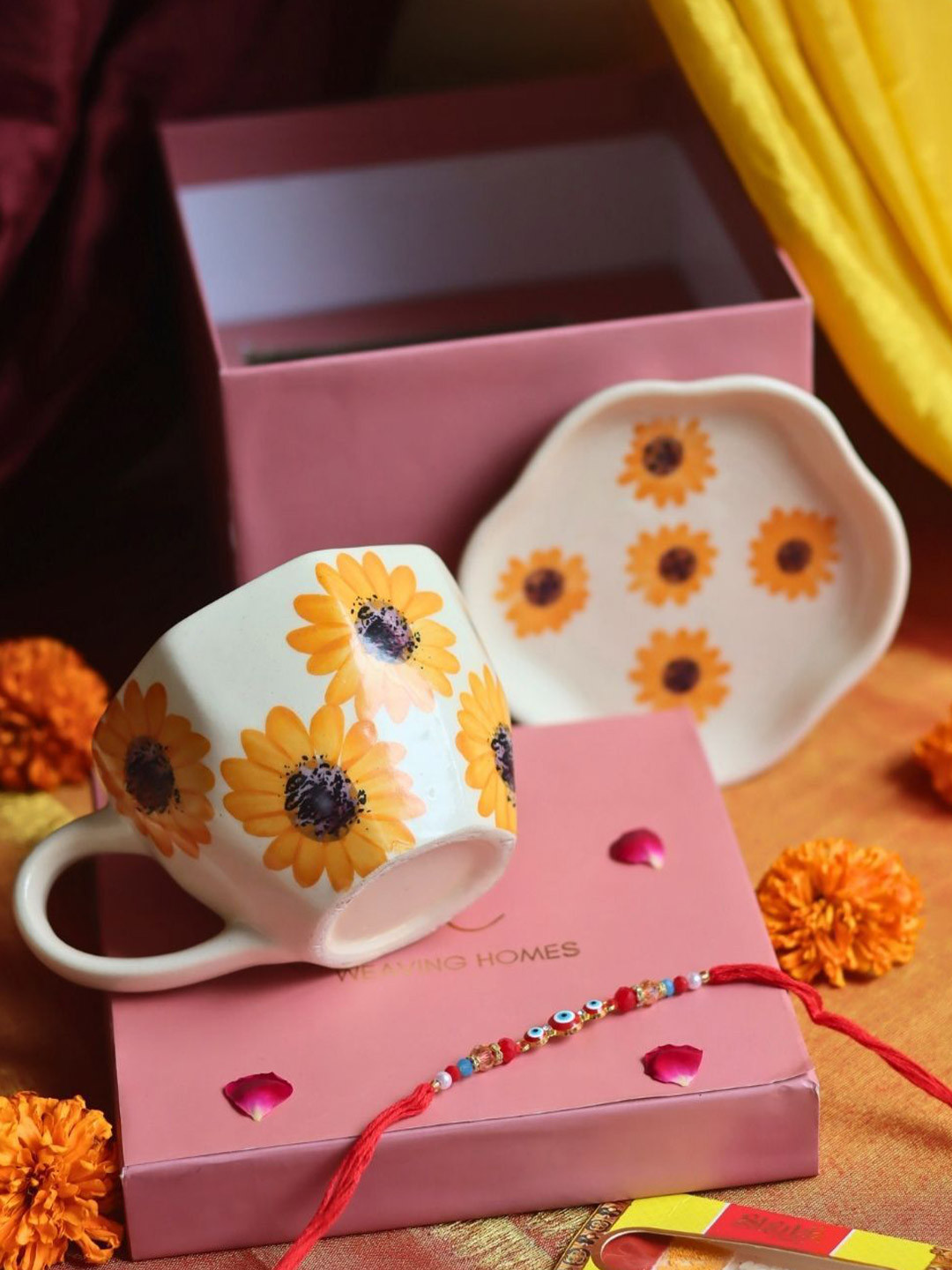 WEAVING HOMES Beaded Thread Rakhi With Mug & Dessert Plate