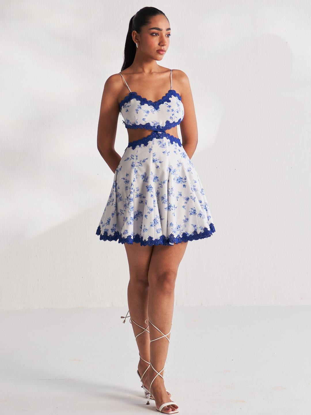 ROZE Blue Floral Print Fit & Flare Mini Dress