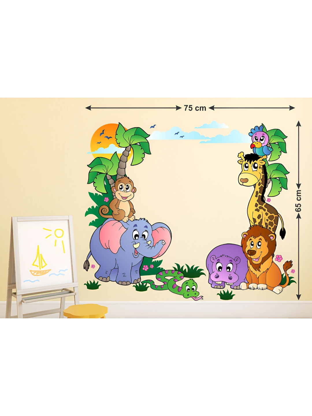 LANSTICK Green & Purple Wild Animals With Forest Printed Self-Adhesive Wallsticker