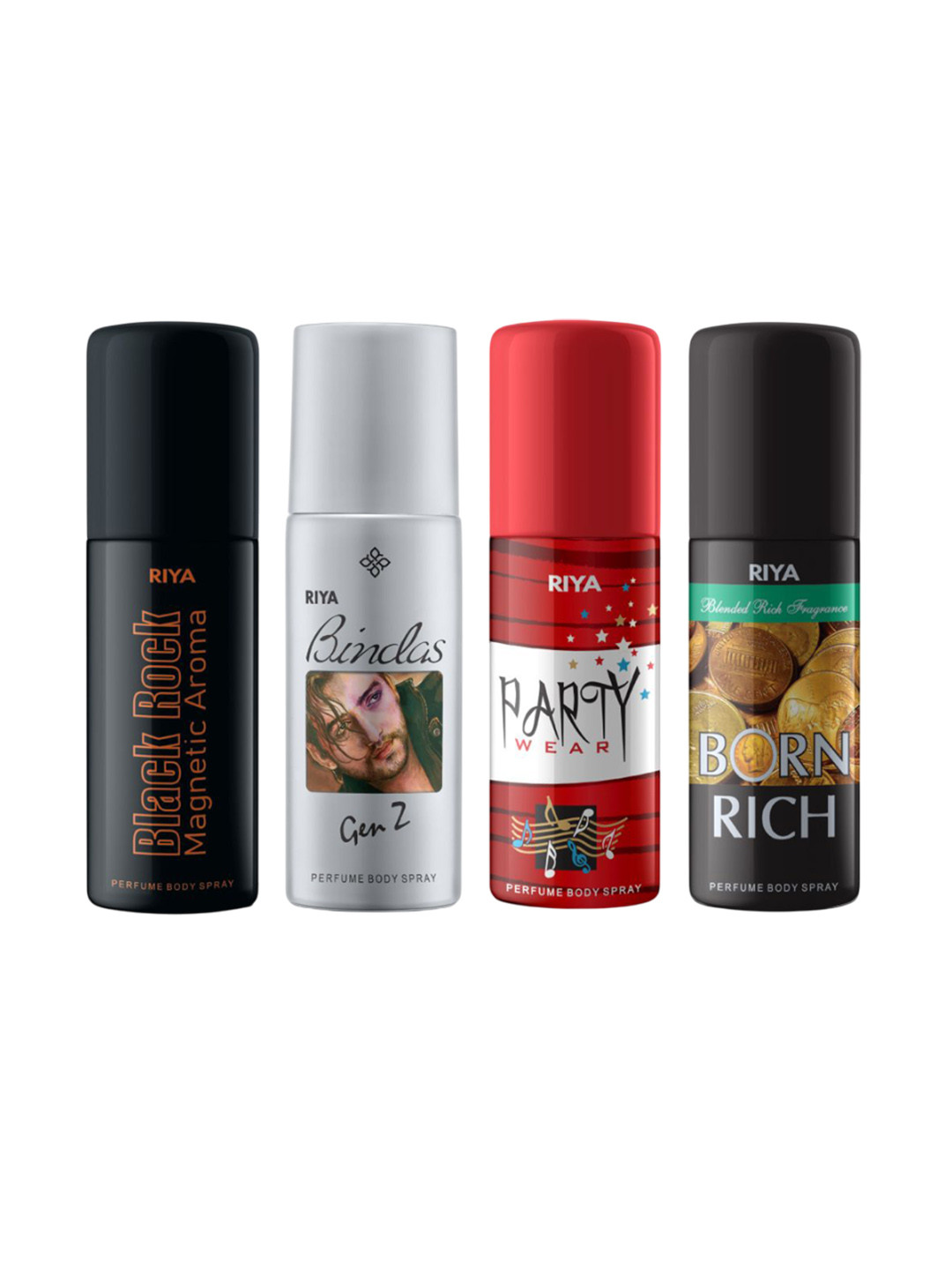 RIYA Set Of 4 Black Rock & Bindas & Party Wear & Born Rich Body Spray - 40 ml Each