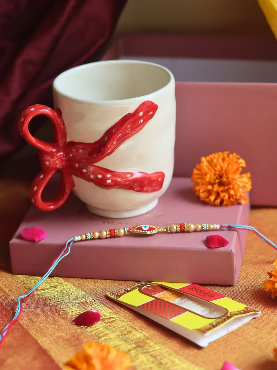 WEAVING HOMES Stone Studded & Beaded Thread Rakhi With Mug