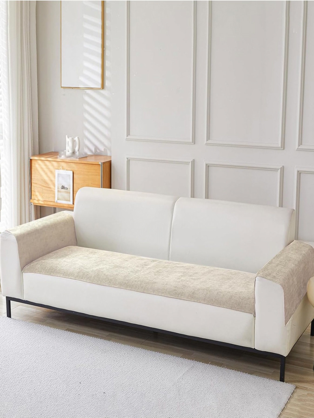 HOUSE OF QUIRK Beige Chenille  2Pcs Armrest & 1Pc Sofa Cover Set