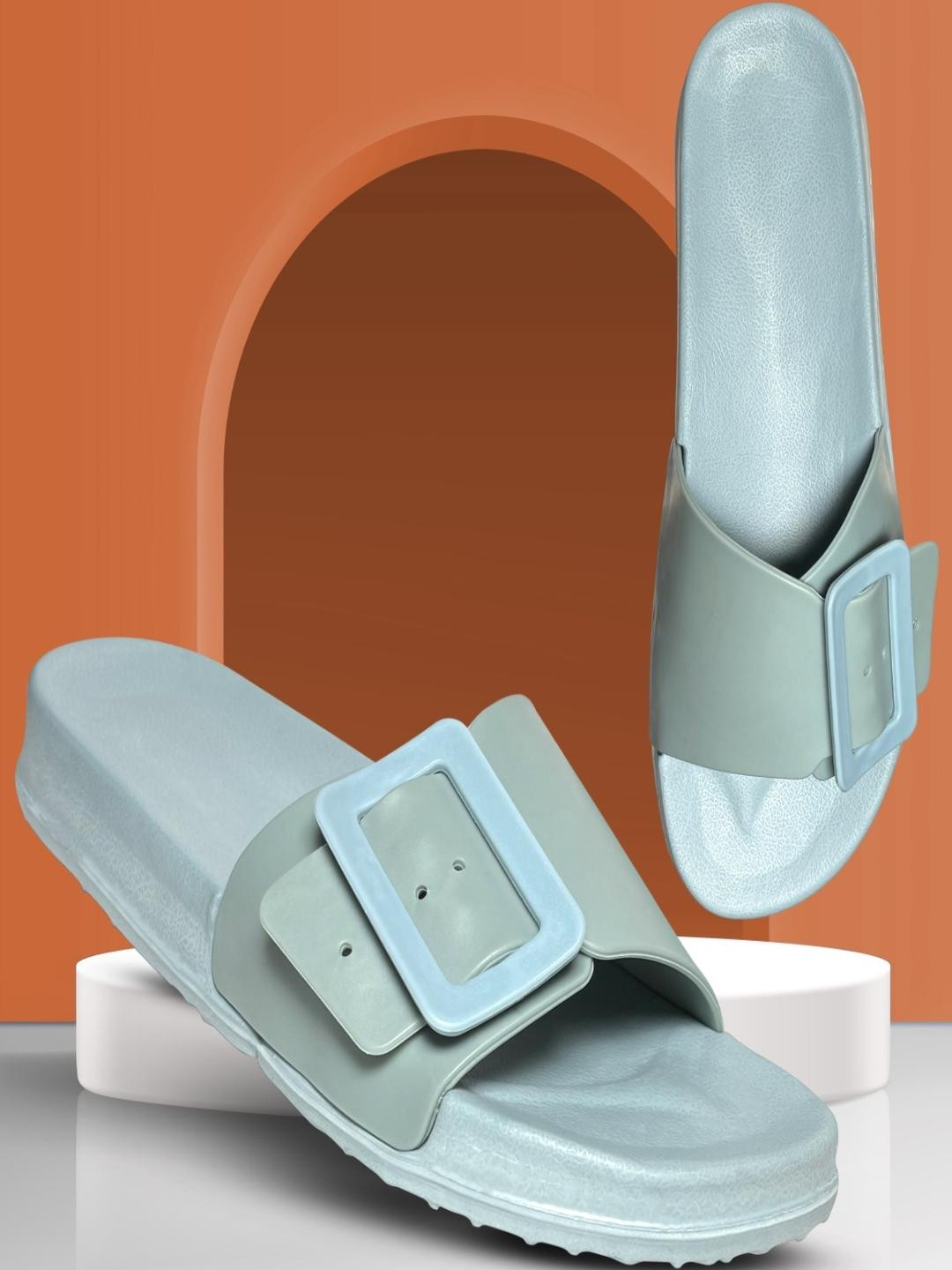 TieFit Women Blue Slip-On Solid Adjustable Buckle Flip Flops