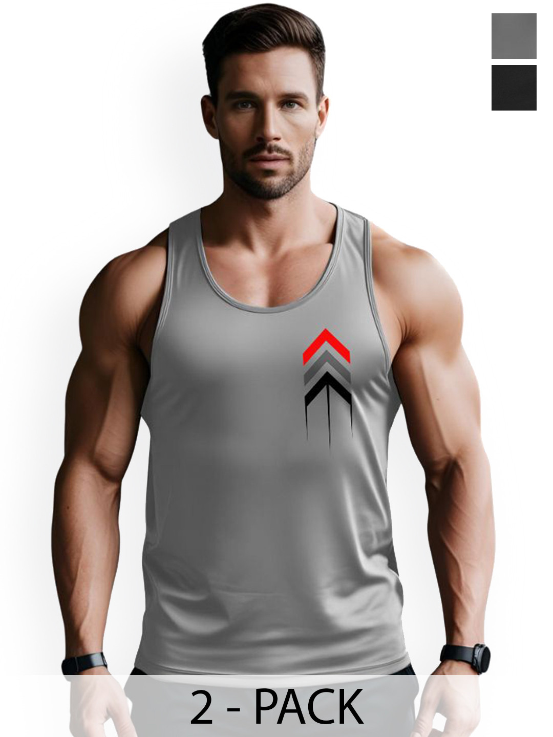 3Colors Pack Of 2 Scoop Neck Gym Vests NCUT-BLK RIDE-GREY ARROWLI8 SPED-2C