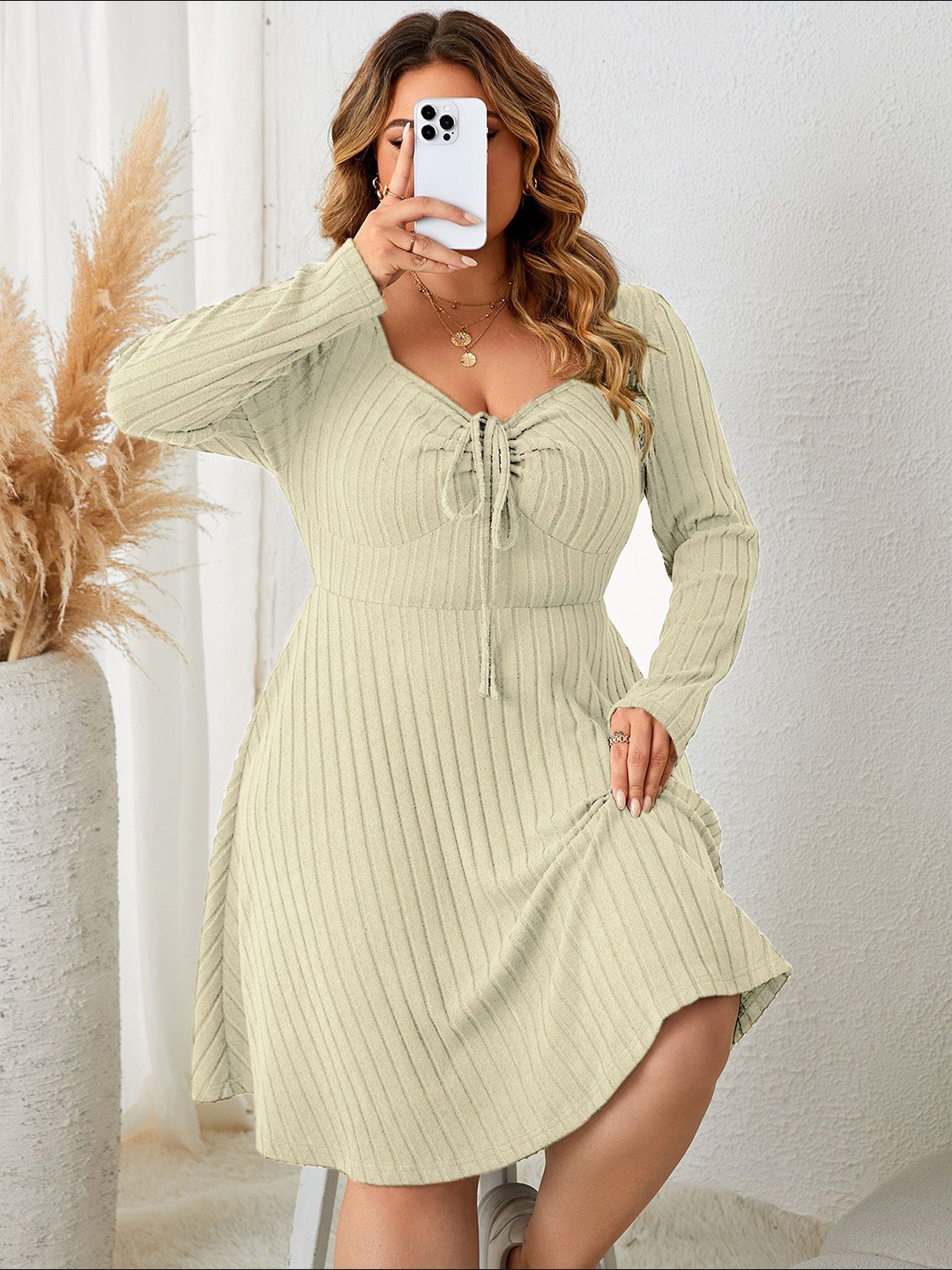 Sztori Plus Size Tie-Up Neck Fit & Flare knit Dress