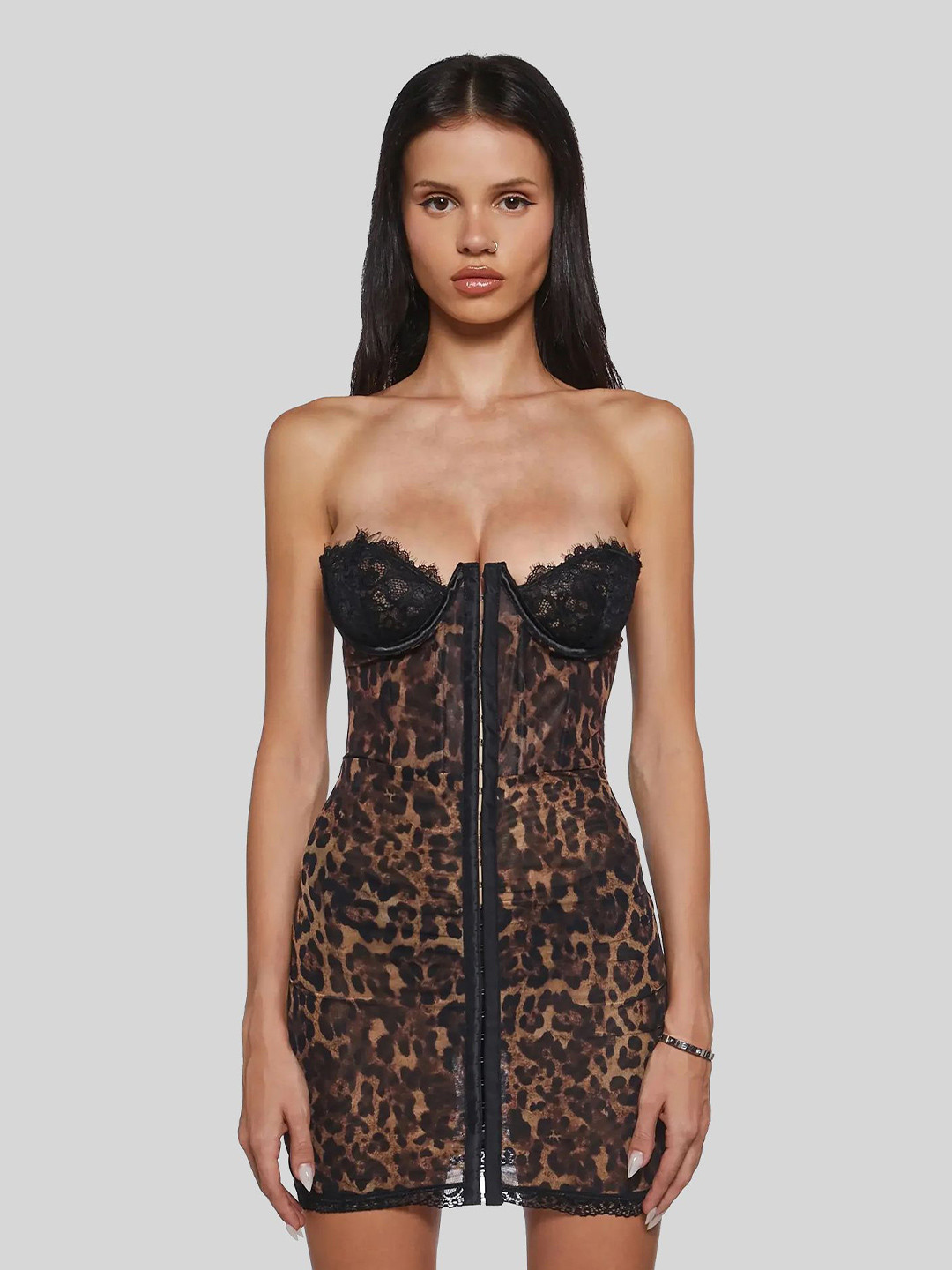 LULU & SKY Women Leopard Printed Strapless Lace-trimmed Bandeau Mini Dress