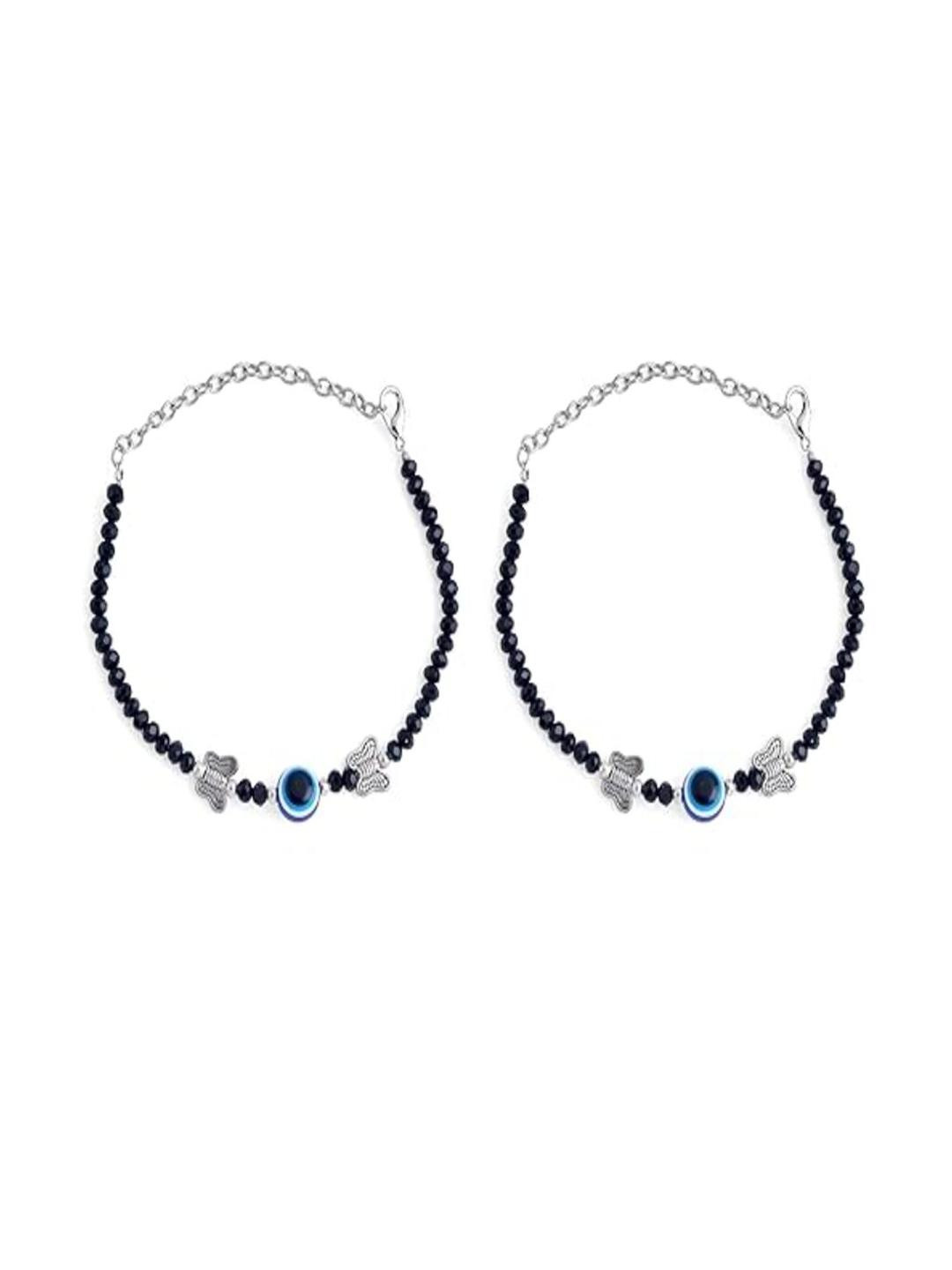 Samsiddhi Set of 2 Black & Silver-Plated Evil-Eye Artificial Beads Anklet