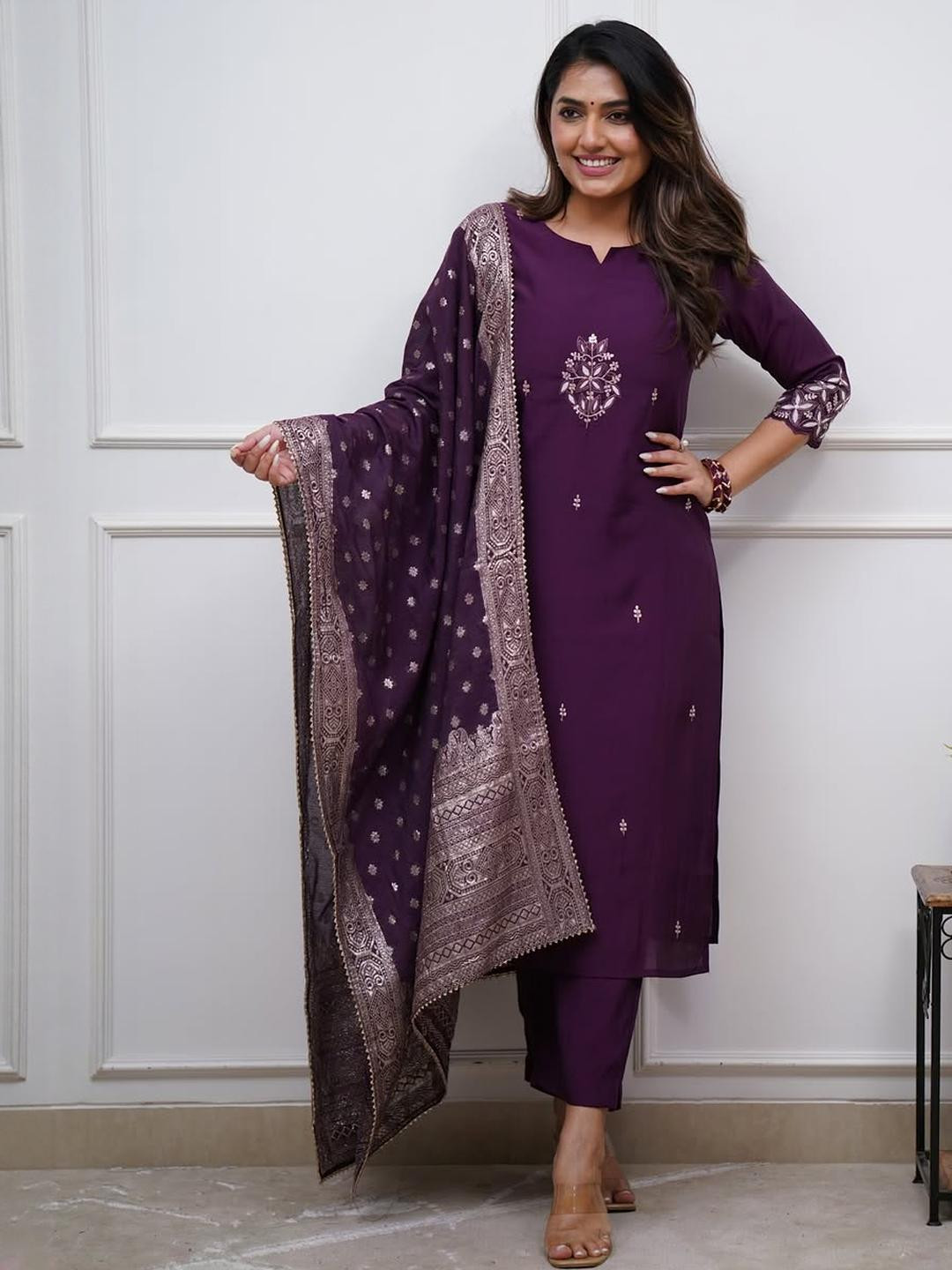 CaniBani Occasional Embroidared Wine Straight Kurta Suit Set