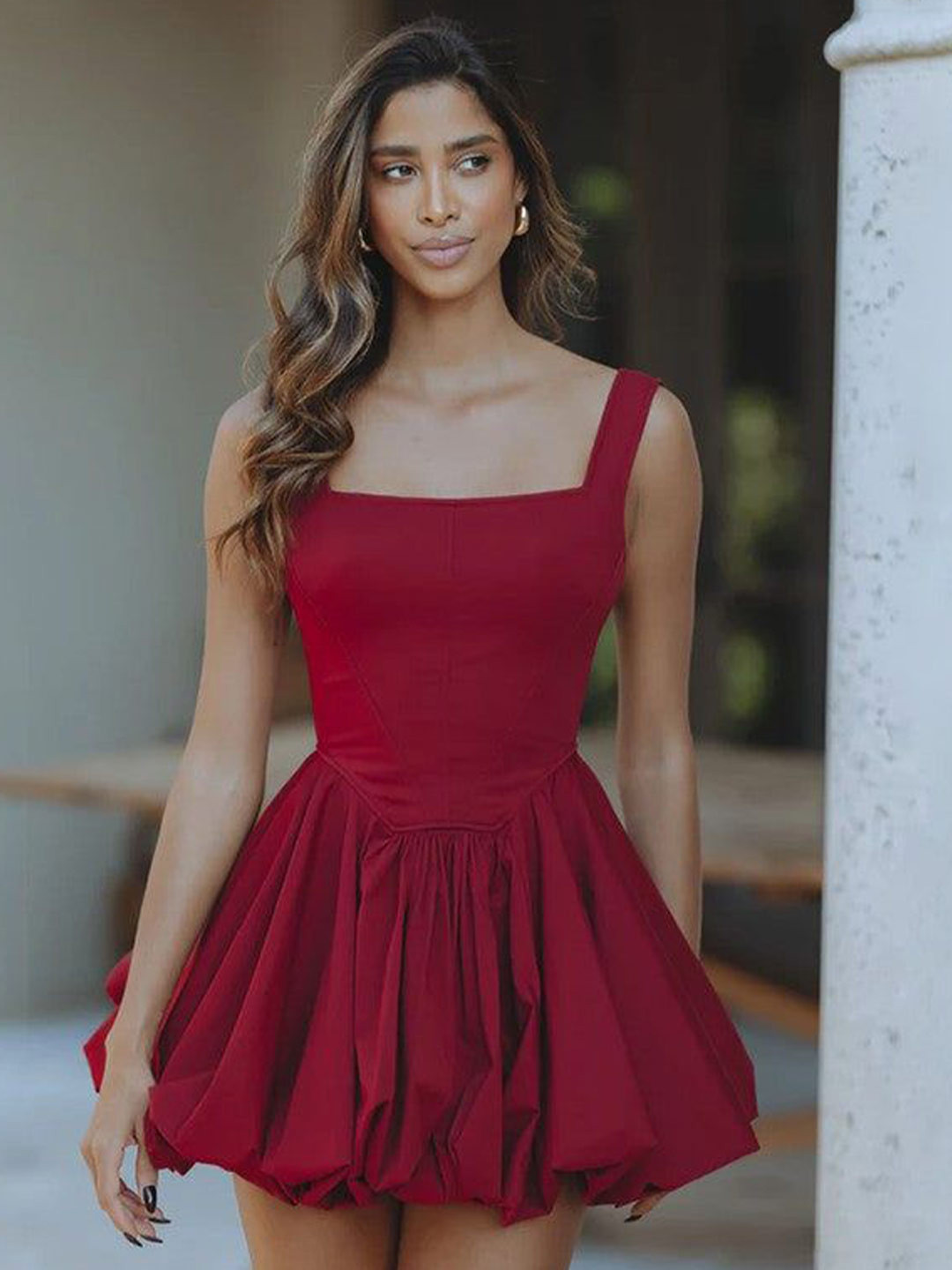 Outzidr Shoulder Straps Bubble Hem Fit & Flare Mini Dress