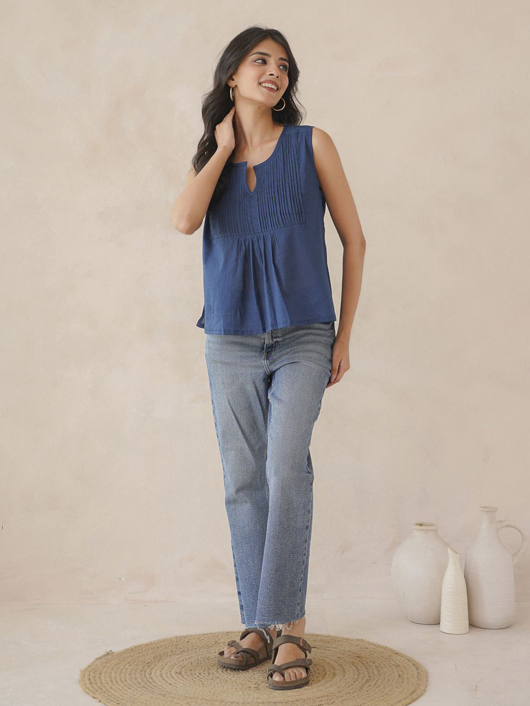 GOODHAND Women Keyhole Neck Sleeveless Pure Cotton Top