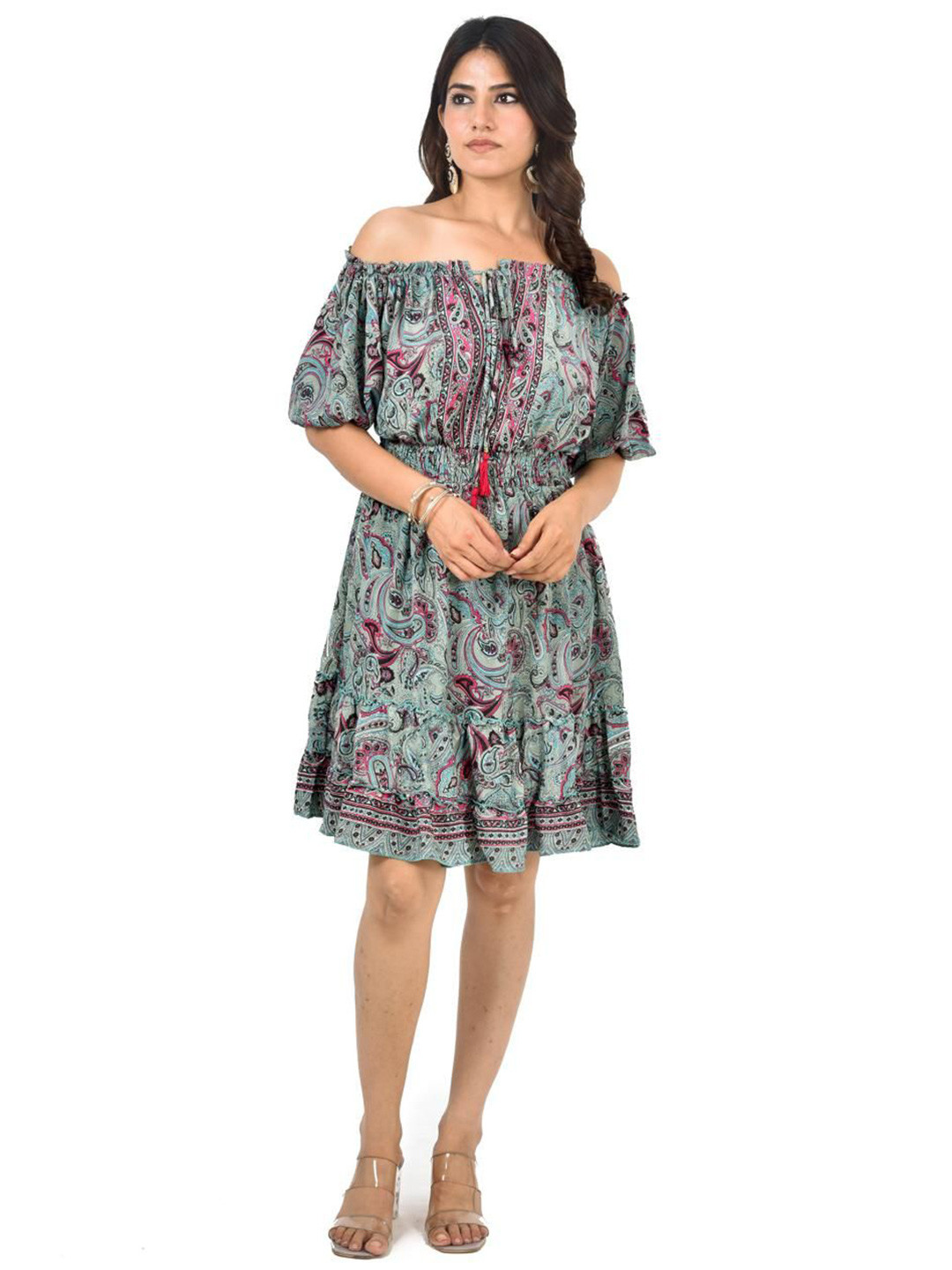 ADC SHEMONA Angelina Women Paisley Printed Off-Shoulder Fit & Flare Dress