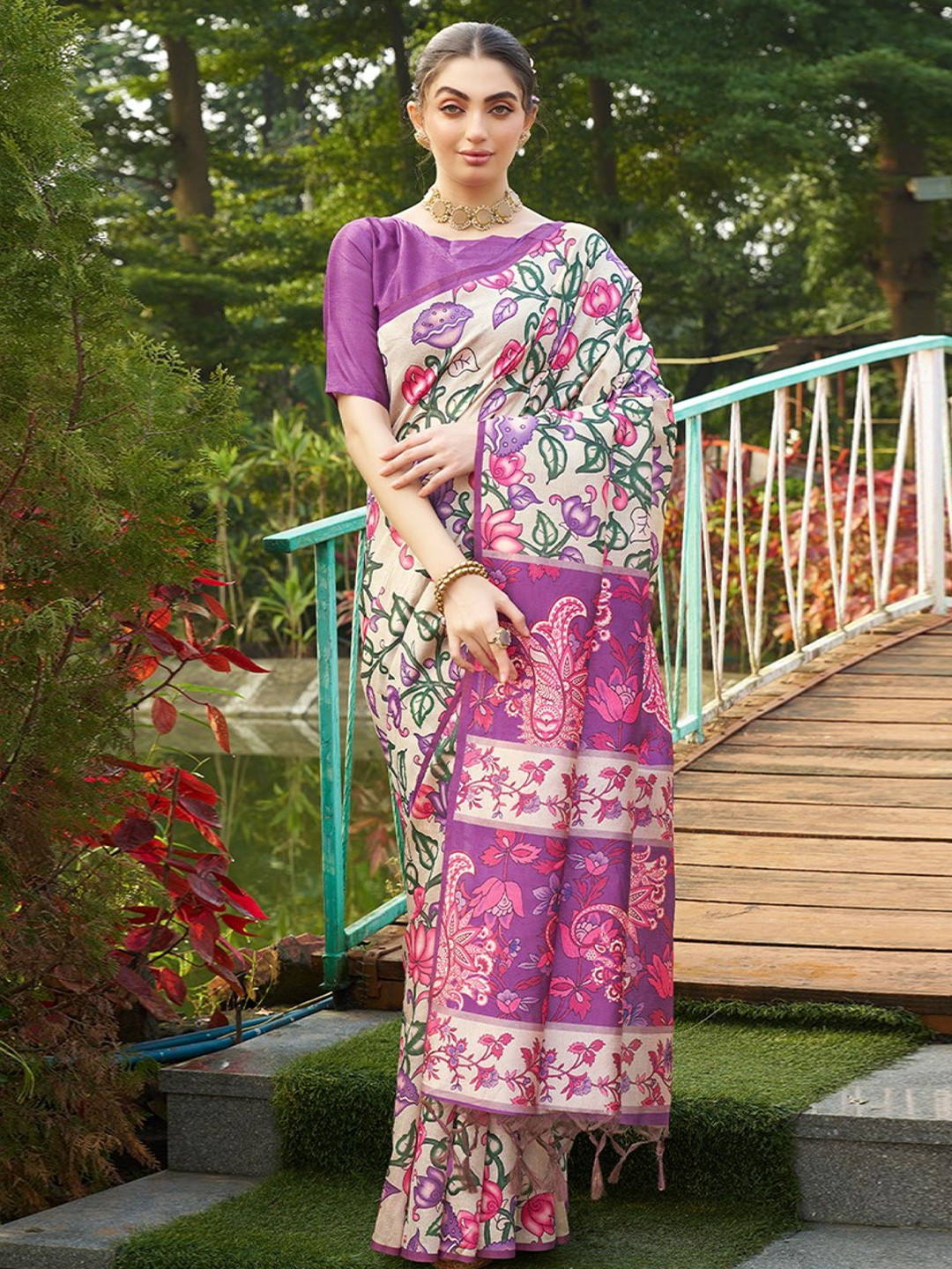 KALINI Kalamkari Printed Tussar Silk Saree