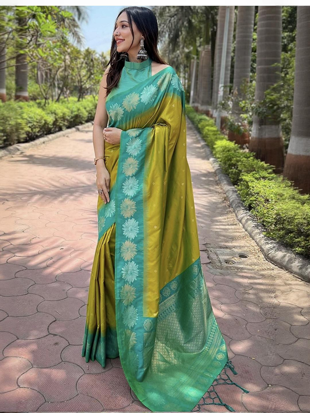 SHOPONBIT Poly Silk mehndi Color Designer Saree