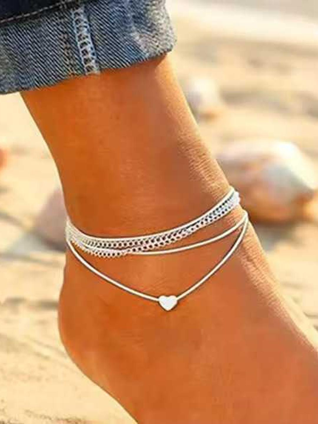 Bohemian Multi Strand Ankle Bracelet For Women With Silver Plated Heart