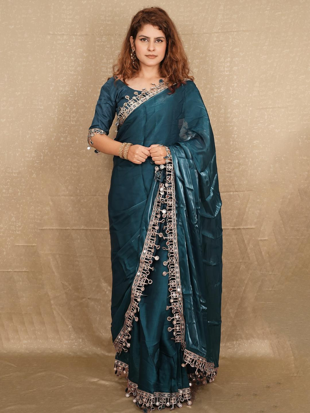 kriyafashion Women Teal Organza Designer Boarder Party Solid Saree