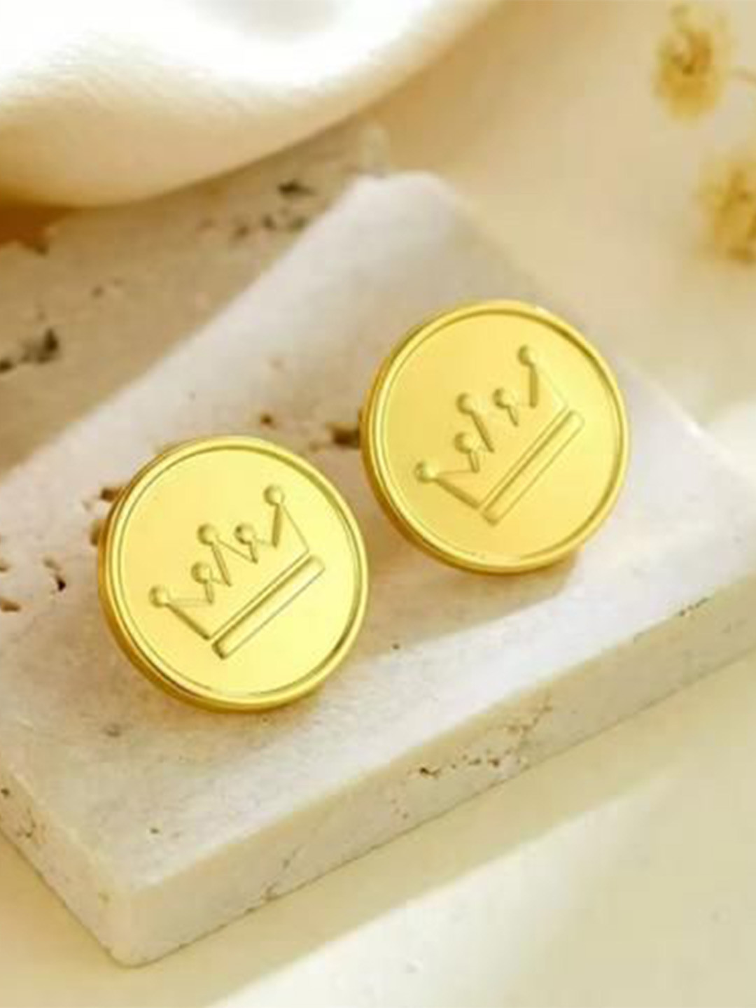 THEPANDASTOREE 18K Gold Plated Crown Coin Stud Earrings